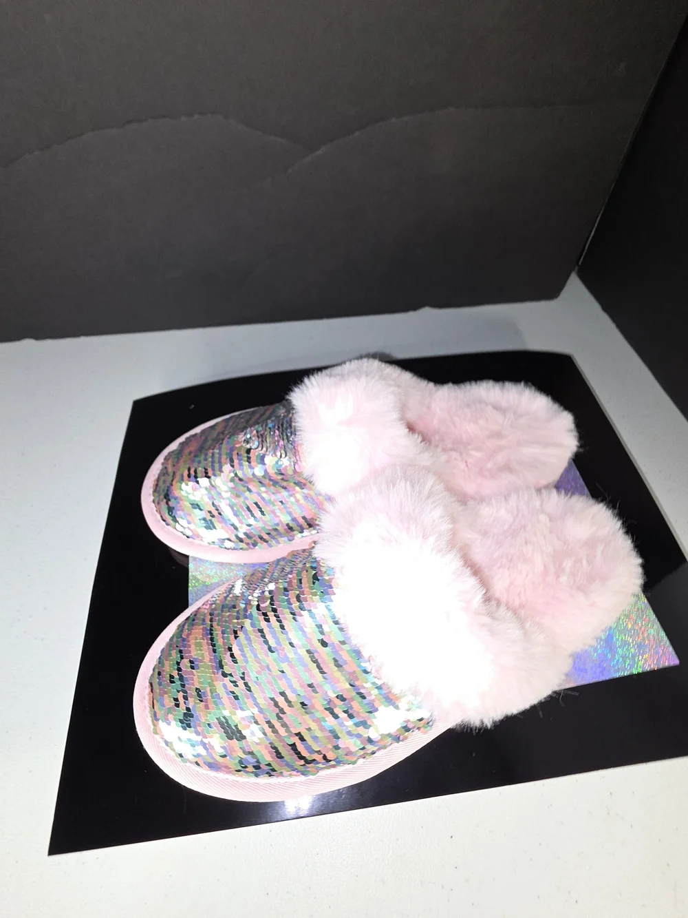 The Children's Place Flip Sequin Faux Fur Slippers Pink Multi Big Girl Sz 5/6